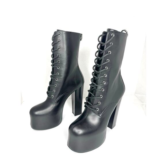 Saint Laurent Black Cherry Leather Platform Ankle Boots lace-up Designer EU 36.5 - Picture 13 of 14